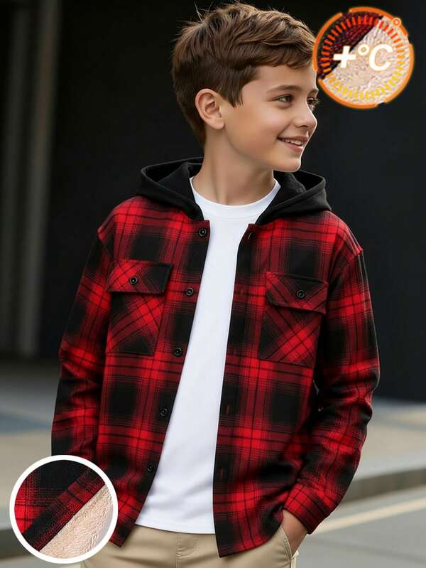 SHEIN Halloween Tween Boy Casual Plaid Patchwork Thermal Lined Button-Up Shirt, Fall/Winter, Brown