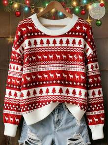 EMERY ROSE 女式印花圆领套头衫，圣诞秋冬上衣 - 彩色 - 查看 1