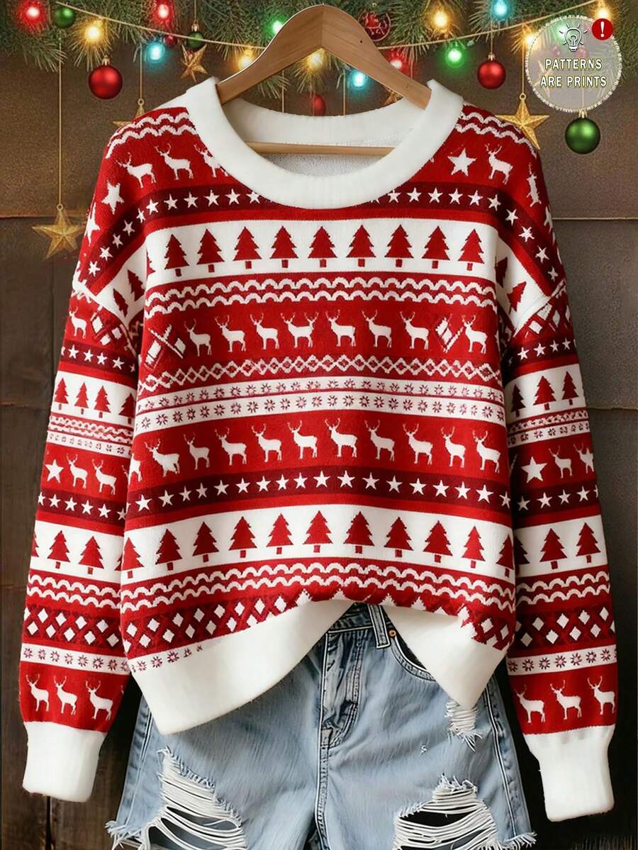 EMERY ROSE 女式印花圆领套头衫，圣诞秋冬上衣 - 彩色 - 查看 1