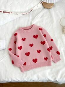SHEIN Young Girl Pink Heart Pattern Sweater, Autumn Fairy Holiday Party Young Girls Oversized Loose Fit Knit Jumper, Girls' Autumn/Winter Warm Knitted Long Sleeves - Pink - View 1