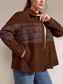 Momelise Plus Size Corduroy Contrast Color Print Long Sleeve Shirt - Coffee Brown - View 8