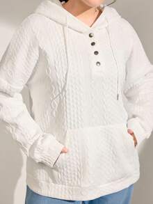 Momelise Plus Size Solid Color Half-Zip Drawstring Dropped Shoulder Long Sleeve Casual Embossed Sweatshirt - White - View 7