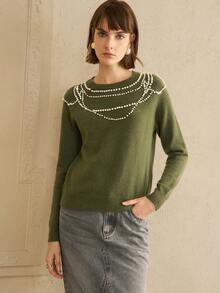 EMERY ROSE Women's Arctic Fleece Regular Fit Pearl Decorated Everyday Sweater    Sweater Winter Clothes - Green - View 7