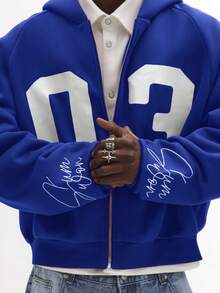 SUMWON Varsity Style Zip-Up Hoodie With Number 03 Print And Script Embroidery For Casual Streetwear - Royal Blue - View 5