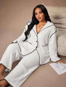 Lazeform Set pijamale pufoase și confortabile, cu blană artificială, mărime plus, culoare solidă, mărime mare, cu glugă și pantaloni, de iarnă - Bej - Vizualizare 5