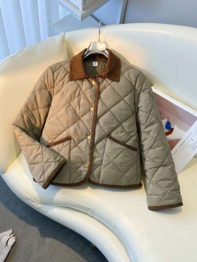 SHEIN 1pc Girls Rhombus Corduroy Patchwork Collar Vintage Padded Coat, Suitable For Autumn/Winter Fall