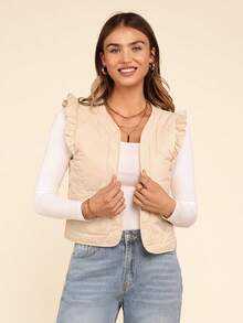 Coeurva Áo khoác nữ không tay đơn giản thời trang thường ngày, mùa đông - Màu be - Xem 3