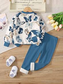 SHEIN Leap Crew Tween Girl Casual Fashionable Classic Butterfly Print "I Am The Butterfly Princess" Long Sleeve Sweatshirt And Leggings 2 Pieces Set, Suitable For Autumn/Winter - Multicolor - View 3