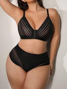 SHEIN 2 piezas Conjunto de lencería sexy con parches de malla de talla grande - Negro - Ver 5