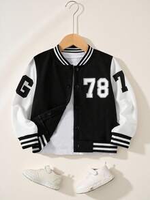 SHEIN Genkimix Kids 1 件装小男孩休闲棒球夹克，带字母和数字印花，长袖，适合 4-7 岁男孩的日常穿着、运动、郊游、返校 - 黑色 - 查看 8