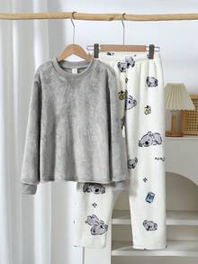SHEIN Mädchen graues flauschiges Sweatshirt mit Rundhalsausschnitt und langem Arm, kombiniert mit süßer Koala-Muster weißer Fleecehose, umkehrbarer Flanell weich & warm 2 Stücke Pyjama Set