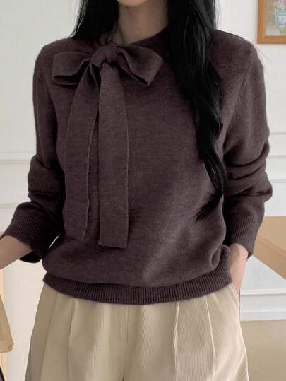 DAZY 秋季新款纯色休闲蝴蝶结领带女毛衣