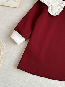 SHEIN 女婴休闲条纹翻领长袖连衣裙，春秋 - 紅色 - 查看 8