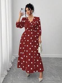 Elenzga Đầm dài tay cổ chữ V họa tiết chấm bi thanh lịch cho nữ cỡ lớn - Màu Đỏ Sâu - Xem 7