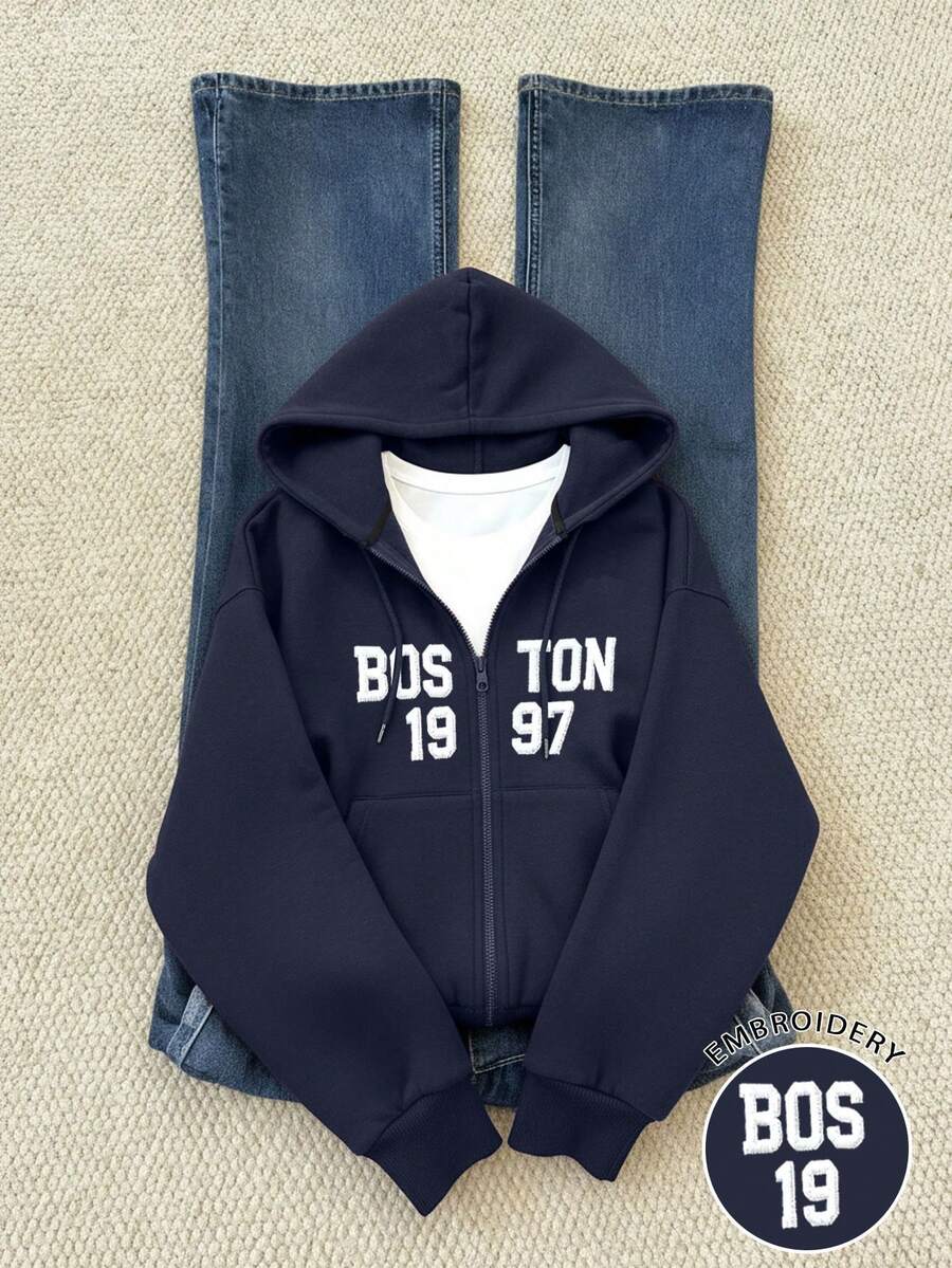 INAWLY 秋季：女士连帽卫衣，字母数字图案设计，街头风；冬季：女士连帽长袖卫衣，吸睛设计，适合所有肤色，图案设计，户外、运动、学院风、教师制服，长袖图案设计 - 藏蓝色 - 查看 1