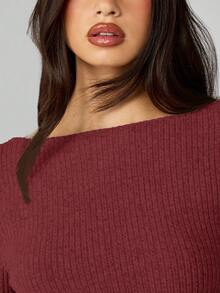 MISSGUIDED Ribbed Knit Long Sleeve Bodycon Mini Dress Off Shoulder Fall Winter Sweater Dress Christmas - Burgundy - View 4