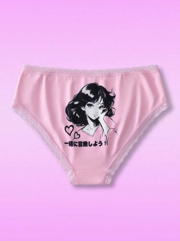 Cartoon Print Lace Patchwork Cute & Sweet Girls' Panties, Teens Underwear