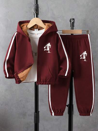 2 件套年轻男孩休闲足球印花纯色长袖羊毛拉链夹克和裤子套装，适合秋冬季日常休闲户外活动