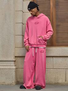 AXEPEAK 男士休闲宽松连帽衫和运动裤两件套 - 玫紅色 - 查看 3