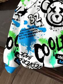 SHEIN 年轻男孩休闲简约卡通熊图案宽松舒适针织长袖连帽衫运动衫，适合秋冬季