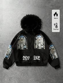 ROMWE MEN Goth Men's Fleece Collar Religious Letter Graphic Loose Zip-Up Hoodie Sweatshirt, Long Sleeve Top - Black - View 1