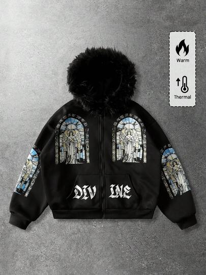 Sweat-shirt-shirt à capuche ample avec fermeture éclair et imprimé de lettre col en polaire pour hommes