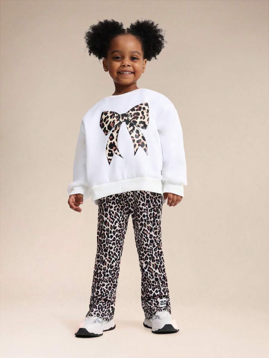 SUMWON Girls Leopard Print Bow Design Long Sleeve Hoodie And Matching Jogger Pants Co-Ord Set For Fall Winter Vacation - Multicolor - View 1