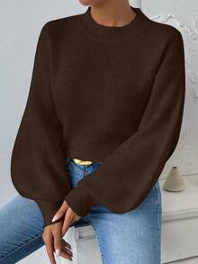 Chiquease Women's Coffee Color Round Neck Lantern Sleeve Wool Blend Sweater, Versatile Casual Everyday Wear - Coffee Brown - View 7