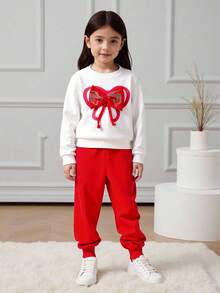 SHEIN Playful Pals 两件套女童针织长袖圆领3D蝴蝶结水钻印花卫衣和纯色束口裤套装，休闲可爱日常穿着，春秋季 - 紅色 - 查看 1