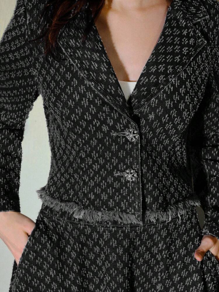 JACQUARD RAW TRIM DENIM JACKET & DENIM SKIRT