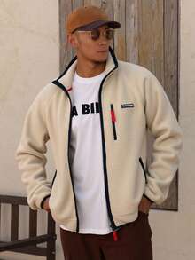 DAZY Apricot & Gray Contrast Color Faux Shearling Hem & Cuff Men's Jacket & Coat, Autumn/Winter