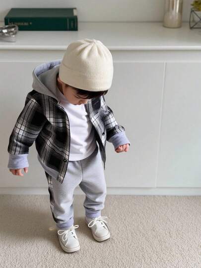 SHEIN Baby And Toddler Boys Casual Plaid Print Patchwork Button-Up Hooded Shirt And Sports Pants