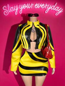 Slaydiva 2025 Höst Nytt Halloween Födelsedagsfest Bankett Collegestil Student Daglig Casual Kryssning Resor Viral Streetwear Sexig Klubb Y2K Punk Racing Motorcykelinspirerad Dam 2-delars Set: Långärmad Figurnära Jacka + Bodycon Minikjol, Svart Med Gult PU-Bläcktryck, Höst/Vinter - Multifärgad - Visa 10