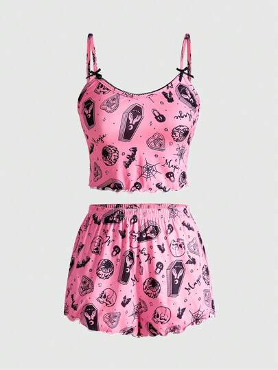 Women's Gothic Skull, Spider, Bat All-Over Print Contrast Strap Camisole & Shorts Pajama Set