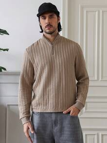 Manfinity Homme Men's Casual Solid Color Long Sleeve Polo Shirt, Versatile For Winter Mock Neck Old Money - Khaki - View 5