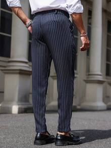 Calvornis Men's Casual Striped Tapered Suit Pants With Contrast Colors - Blue and White - View 2