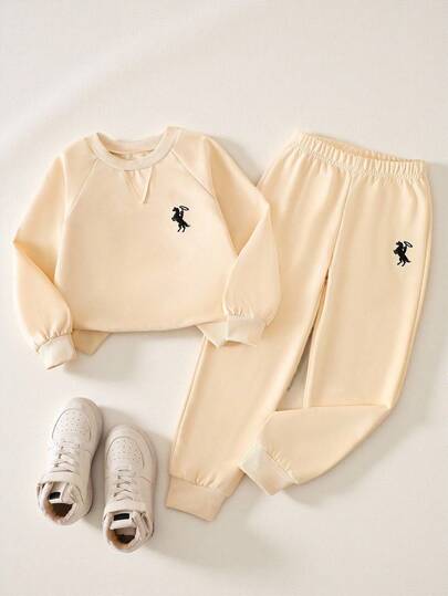 SHEIN Explorewe 2pcs Girls Casual Crew Neck Solid Color Raglan Sleeve Sweatshirt And Pants Set Fall Winter