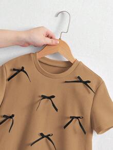 Tween Girl Bow Decor Round Neck Short Sleeve Striped Ruffle Hem Casual Dress