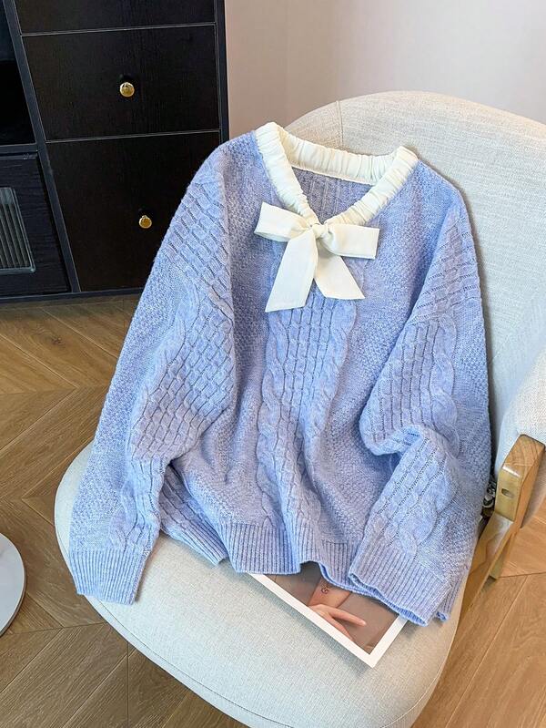 Regalyn Plus Size Colorblock Bow Decor Long Sleeve Minimalist Everyday Pullover Sweater