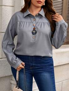 EMERY ROSE Plus Size Women Casual Long Sleeve Turndown Collar Regular Blouse, Suitable For Leisure, Outdoor, Commuting - Grey - View 3