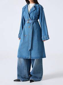 LYSMO 2025年女士极简主义秋冬新款翻领长袖双排扣休闲腰带设计牛仔外套，秋冬圣诞节新年感恩节 - 中等水洗藍 - 查看 6