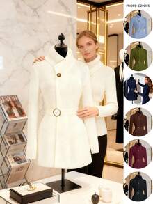 GlowEve 女士纯色长袖优雅开衫，腰带设计 - 白色 - 查看 3