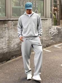 DAZY 秋冬厚款山峰图案印花连帽卫衣，街头风格男士连帽衫套装 - 灰色 - 查看 5