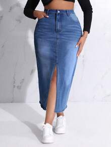 SHEIN SXY Plus Size Slit Denim Skirt - Dark Wash - View 3