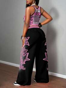 Slaydiva 2 件套女士休闲街头紧身吊带背心和宽松裤子套装/Y2k 服装/街头服饰/女士两件套/返校/休闲街头/适合嘻哈/卡通人物和星星印花图案 - 彩色 - 查看 2