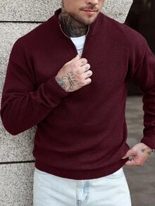 Manfinity CasualCool Men's Quarter Zip Solid Color Long Sleeve Casual Sweater Burgundy Men - Burgundy - View 1