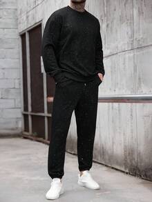 Manfinity Homme Men's Casual Crew Neck Long Sleeve Sweatshirt And Pants Set Men White Sweatsuit Set 2 Pieces Sweatsuit Set Men Men 2 Pieces Outfit White White Sweat Set Men 2 Pieces Set Men White - Black - View 4