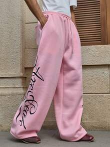 AXEPEAK 男士休闲百搭字母印花抽绳腰运动裤 - 粉色 - 查看 4