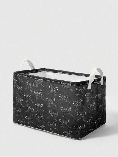ROMWE Goth A Black Bottom Full Of White Line Bow Pattern Storage Basket, Suitable For Living Room Study Bedroom Bathroom