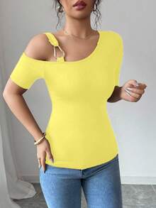 Elenzga Summer Casual Solid Color Asymmetric Collar Short Sleeve T-Shirt